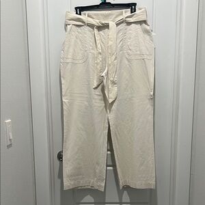 Women's Cream Linen Wide Leg Pants with Tie Waist